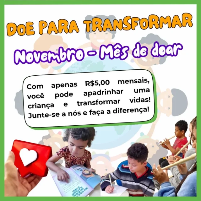 Neste Mês de Doar, convidamos você a se juntar a nós em uma jornada de transformação que começa hoje e faz a diferença no futuro de nossas crianças e jovens. Ao se tornar um padrinho da Associação ABIG, você ajuda a fortalecer projetos que proporcionam acompanhamento escolar e estimulam habilidades essenciais para a vida.

Com o apoio de parceiros como você, realizamos atividades em contraturno escolar, proporcionando reforço em Matemática e Português e iniciando as crianças no mundo da música. Ao longo dos anos, desenvolvemos projetos especiais de leitura e outras iniciativas que promovem o crescimento e a formação de cada participante.

Seu apoio significa mais do que uma doação; é um ato de confiança e esperança que reverbera em cada vida que tocamos. Imagine poder transformar o sonho de uma criança em realidade. Junte-se a nós e ajude a construir um amanhã mais justo e cheio de possibilidades. Vamos fazer a diferença juntos!

Doe para transformar!
Pix: CNPJ 39.311.039/0001-65

#ABIG #ajudandovocêavencer #doar #doarfazbem #mesdedoar