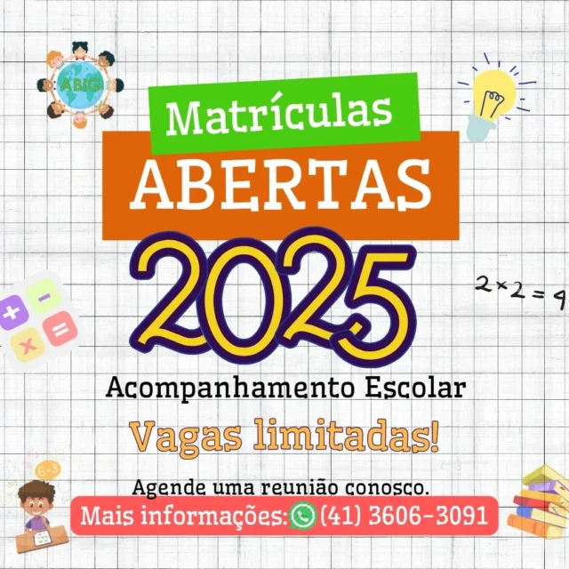 Estamos com matrículas abertas para 2025!
Agende uma reunião conosco e venha conhecer mais sobre a Associação ABIG, onde educação e acolhimento caminham juntos.

#acompanhamentoescolar #2025 #matrículasabertas #colombopr #educação